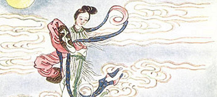 An old illustration of Chang'e ascending to the moon with tongues of cloud flapping around her
